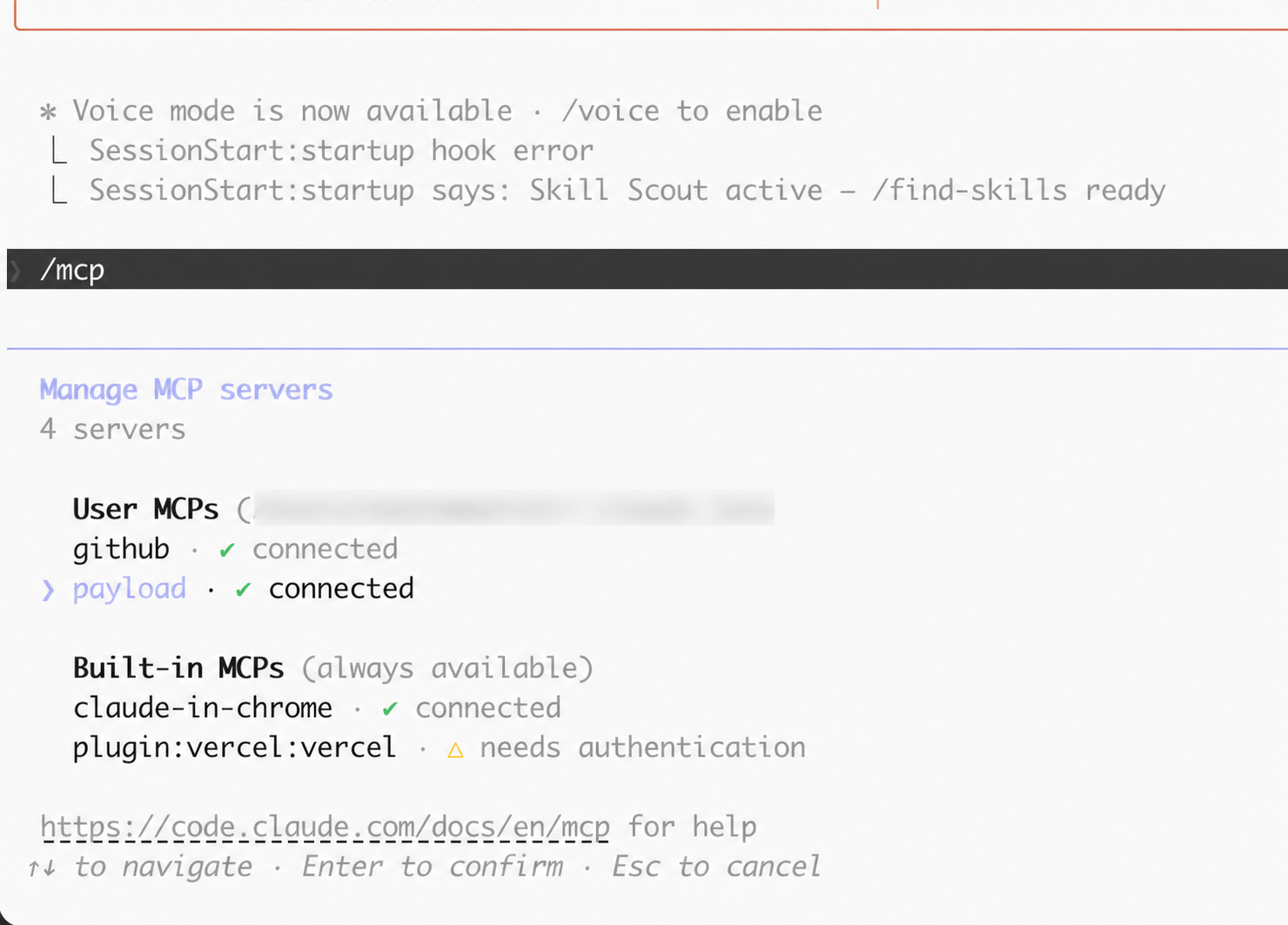 Claude Code MCP panel showing payload connected, with the local file path redacted