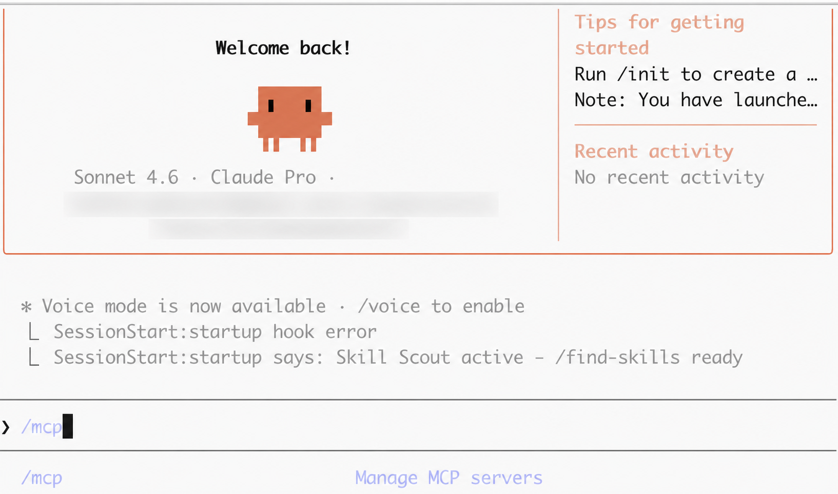 Claude Code session with the /mcp command typed and the Manage MCP servers option visible