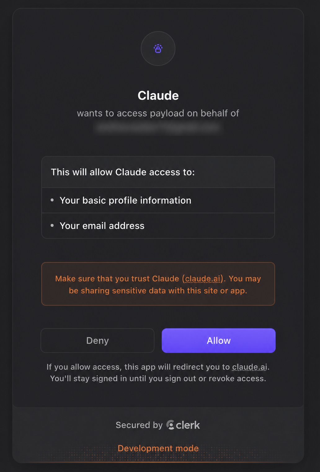 Claude authorization page with the account email redacted and an Allow button
